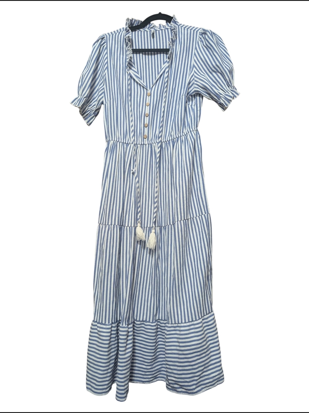 Striped Blue and White Maxi Dress with Tassel Tie